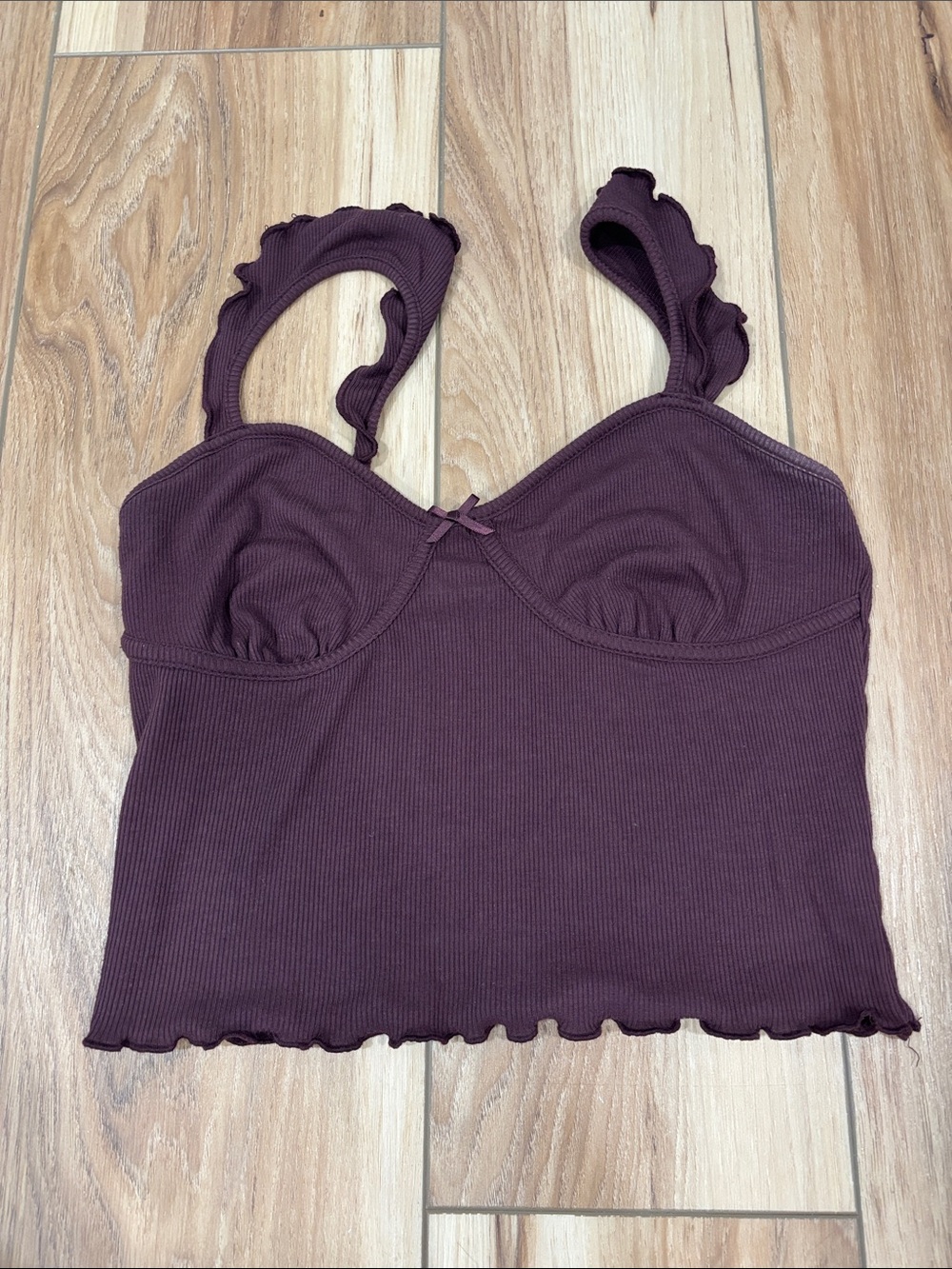 Garage Dark Plum Ribbed Scallop-Edge Crop Camisole